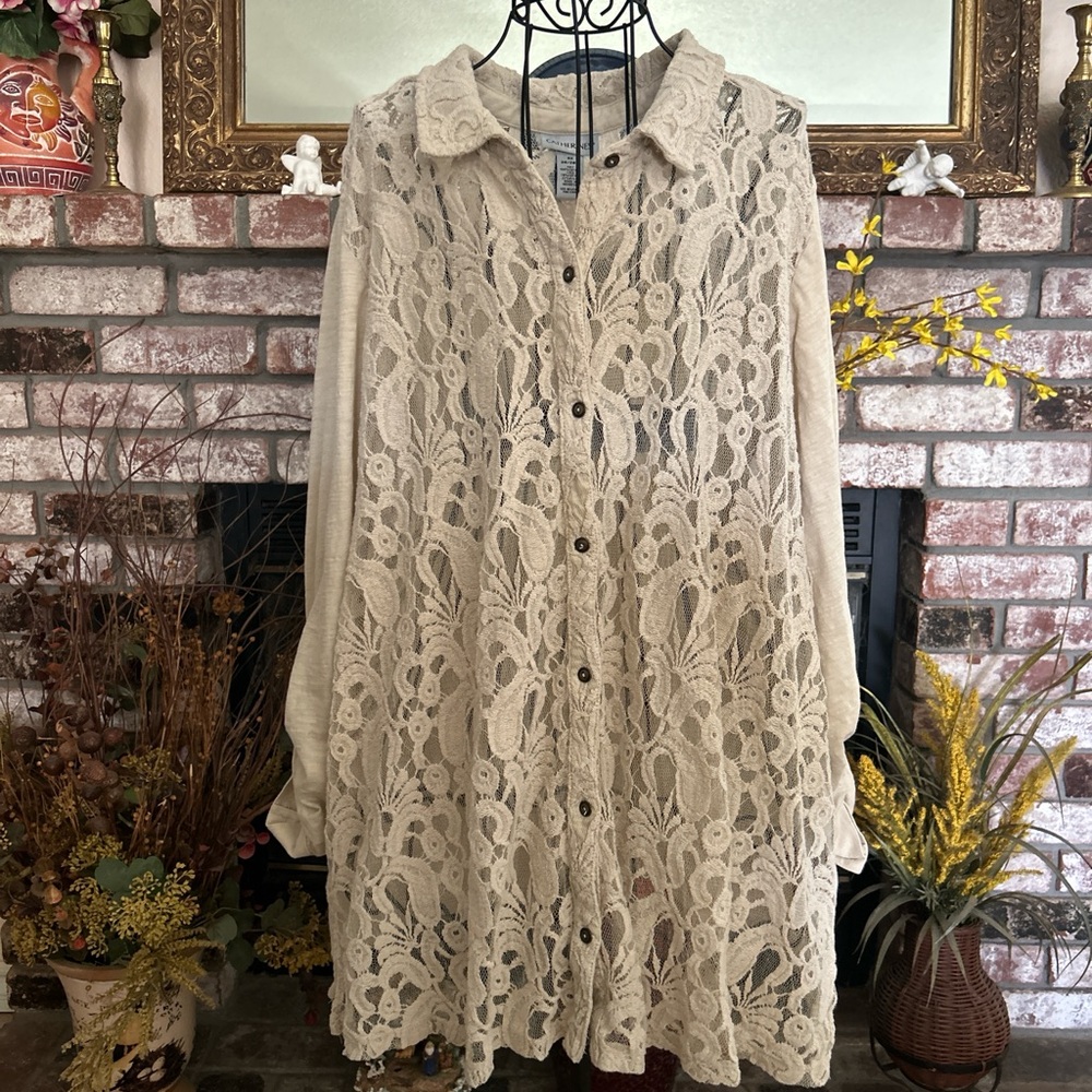 Katherines Women’s Ivory Floral Lace Sheer Button Up Long Sleeve Top Sz 3X